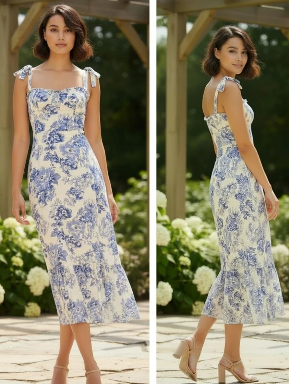 Reformation Nikita Midi Dress Sz 2 Blue & White Floral/Toile Print